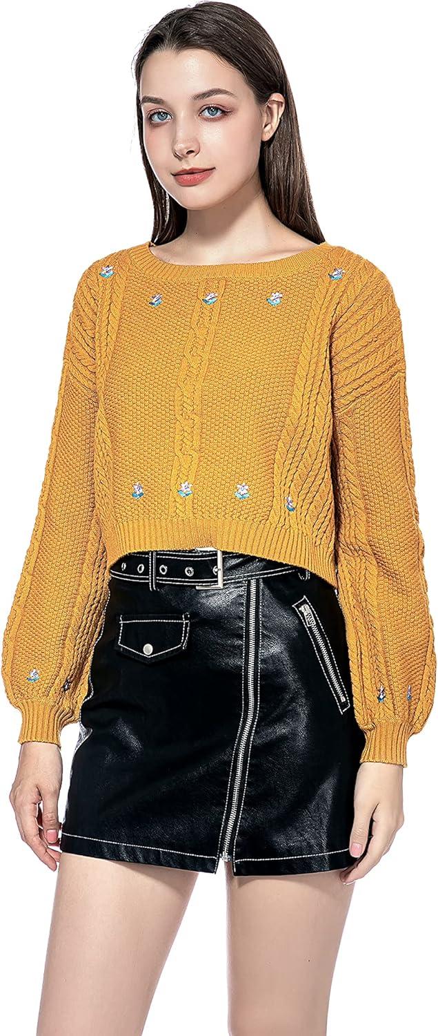 imageGRAN ORIENTE Womens Crew Neck Long Sleeve Flower Pattern Lightweight Knitted Pullover Sweater Loose Jumper Tops for Winter