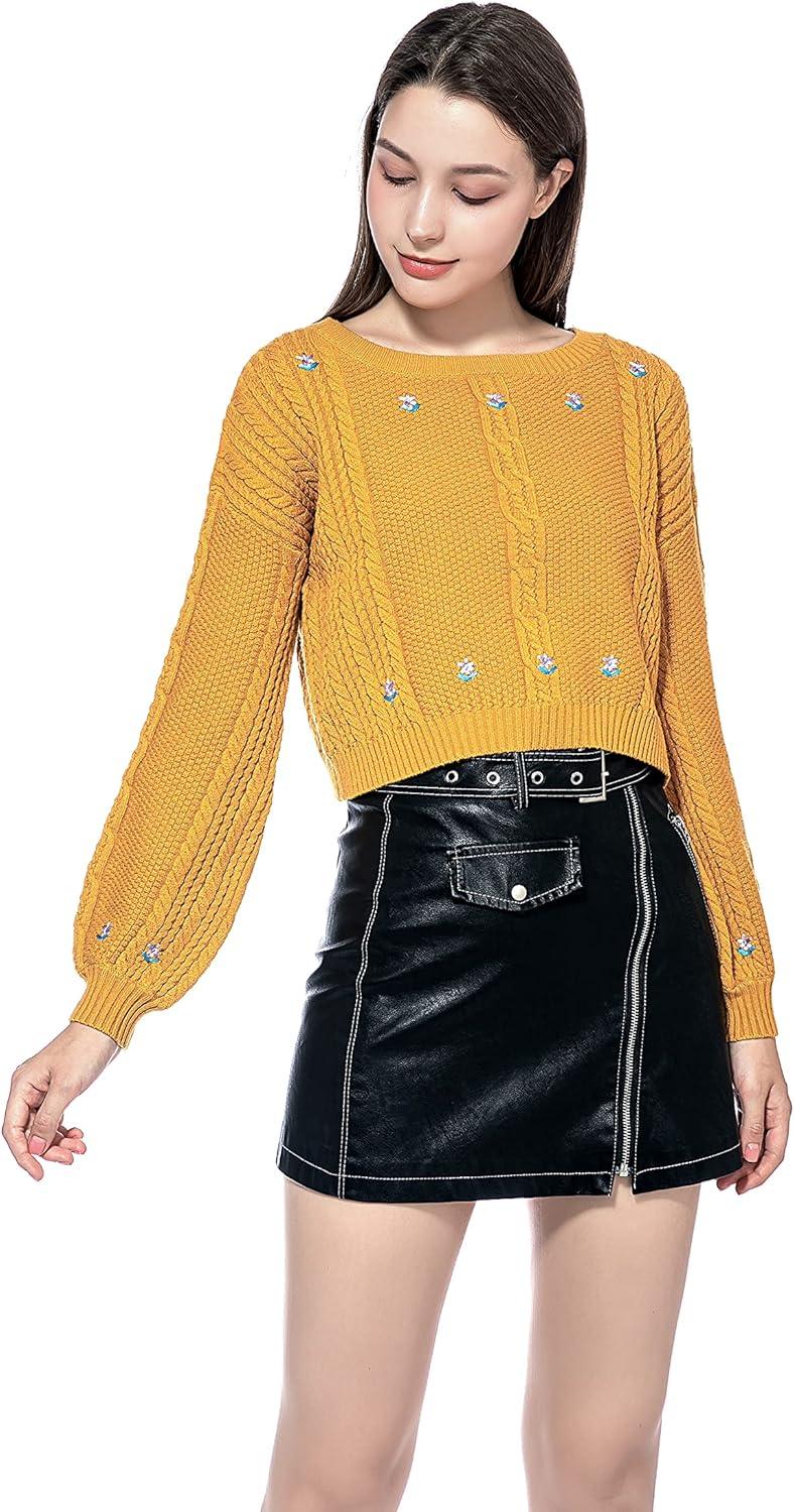 imageGRAN ORIENTE Womens Crew Neck Long Sleeve Flower Pattern Lightweight Knitted Pullover Sweater Loose Jumper Tops for Winter