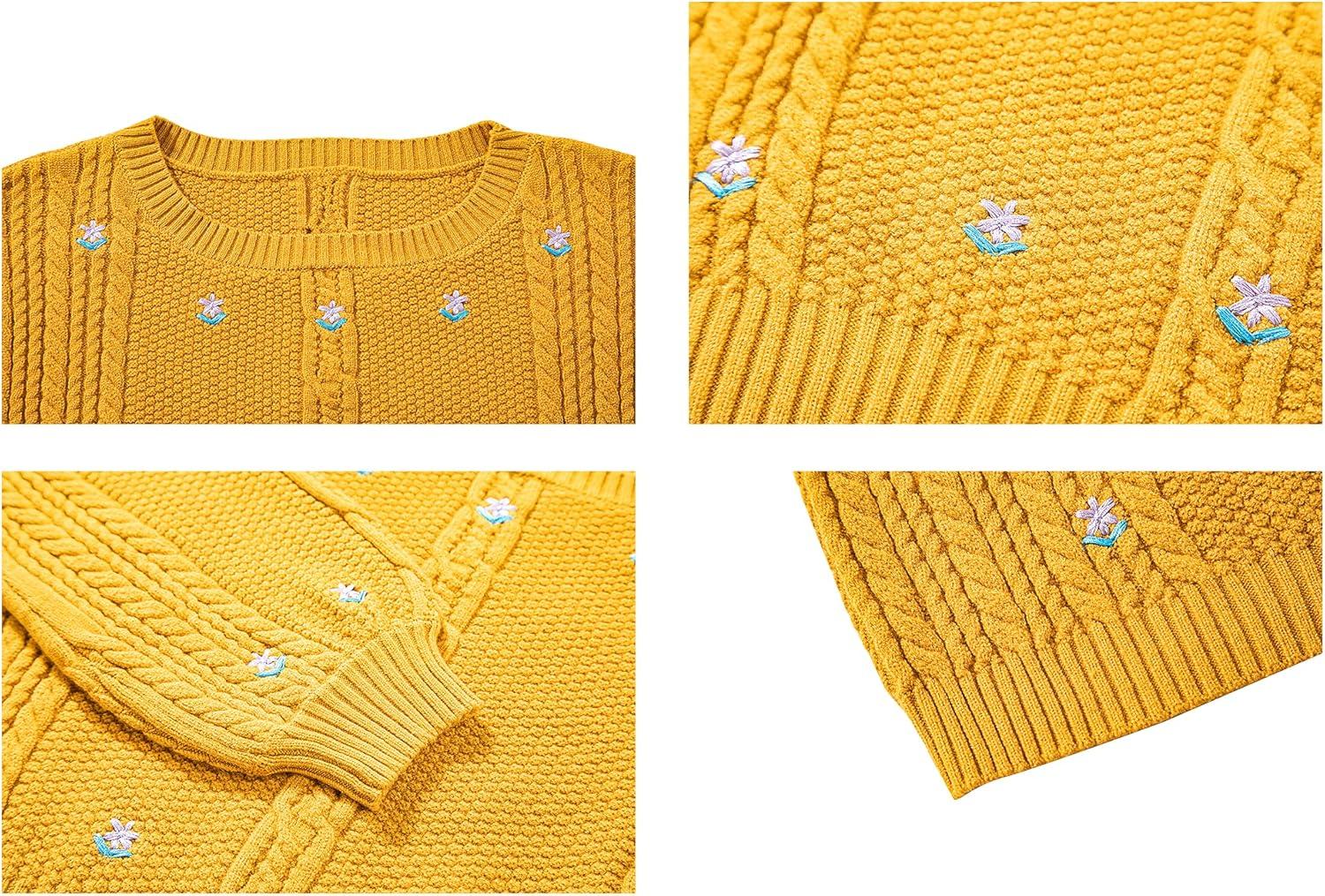 imageGRAN ORIENTE Womens Crew Neck Long Sleeve Flower Pattern Lightweight Knitted Pullover Sweater Loose Jumper Tops for Winter