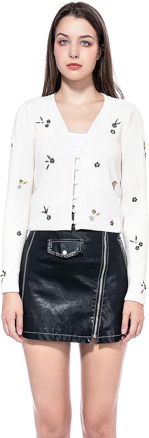 imageGRAN ORIENTE Womens Flower Pattern Long Sleeve ButtonDown VNeck Knit Cardigan Sweater Lightweight Oversized Loose Coat