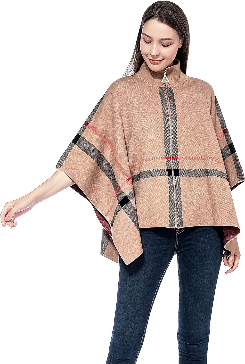 imageGRAN ORIENTE Womens Warm Shawl Wrap Fashion Blanket Scarf Open Front Knitted Sweater Cardigan Wraps Plaid Cloak for Winter