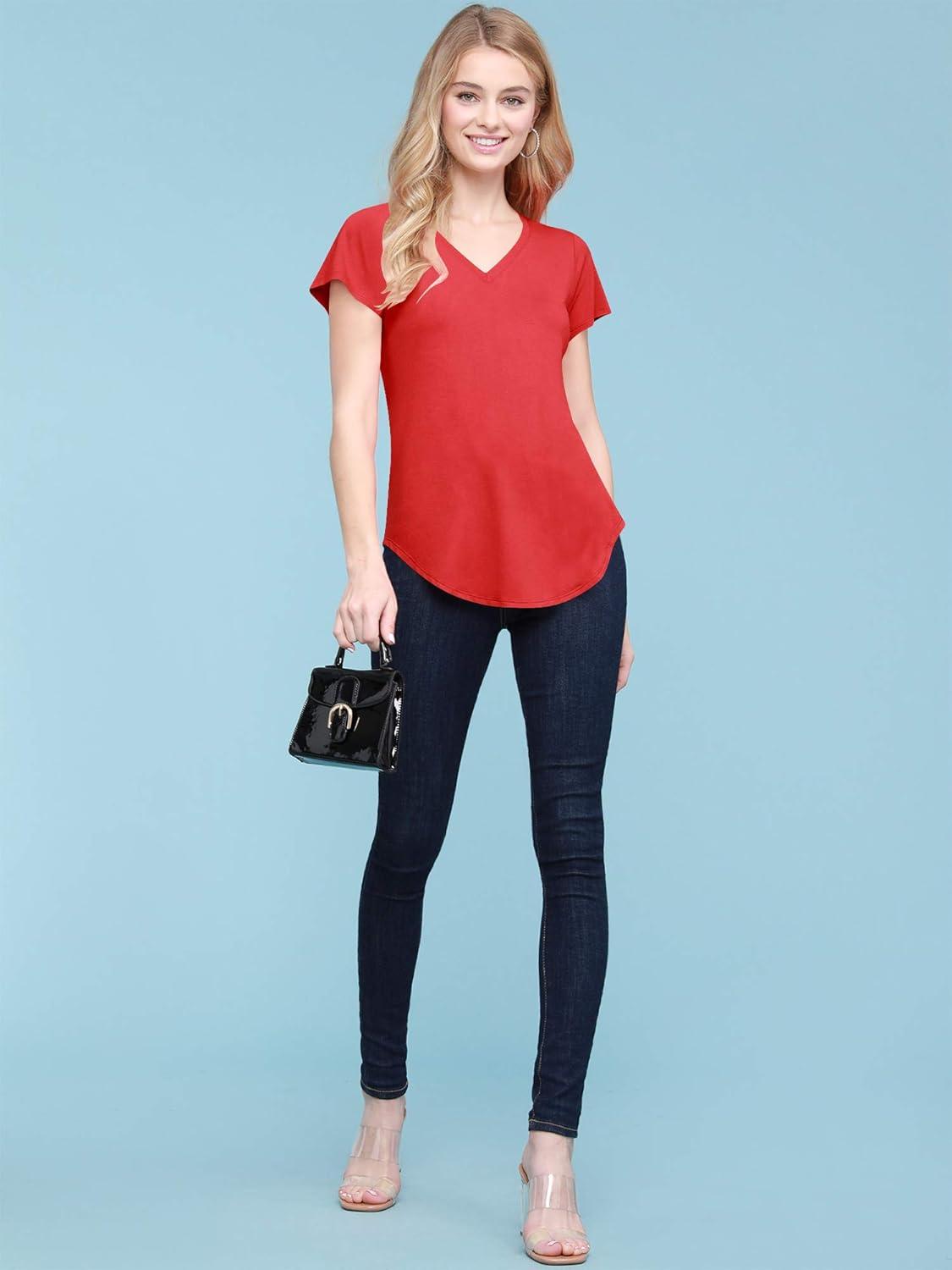 imageMade By Johnny Womens Summer Jersey Short Sleeve VNeck Loose Rounded Bottom Casual TShirtWt2247red