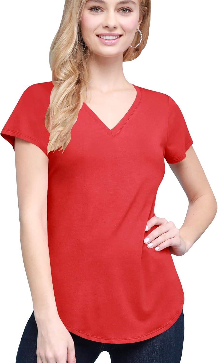 imageMade By Johnny Womens Summer Jersey Short Sleeve VNeck Loose Rounded Bottom Casual TShirtWt2247red