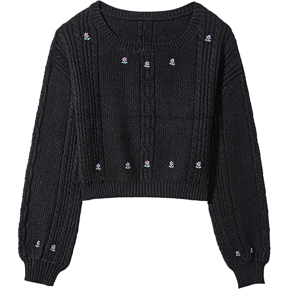 imageGRAN ORIENTE Womens Crew Neck Long Sleeve Flower Pattern Lightweight Knitted Pullover Sweater Loose Jumper Tops for Winter