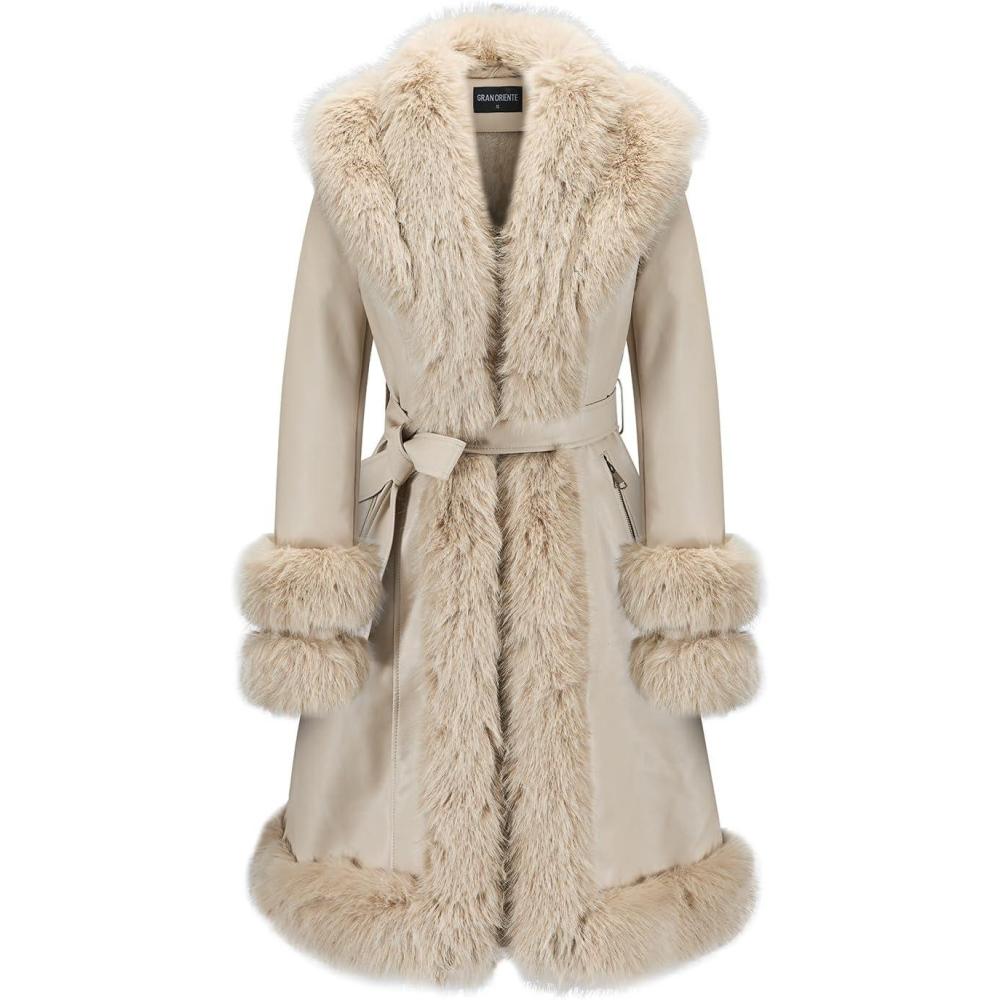 imageGRAN ORIENTE Womens Faux Leather Jacket with Faux Fur Collar Winter Long Sleeve Furry Trim Peplum Parka Coat with BeltApricot Long Zipper