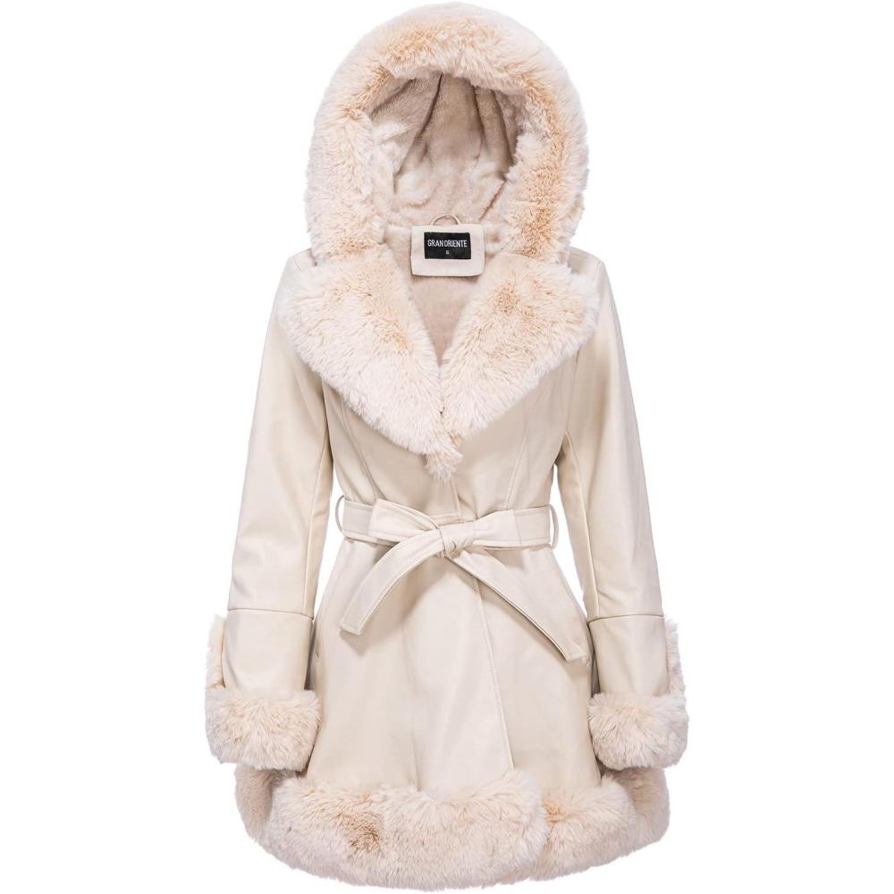 imageGRAN ORIENTE Womens Faux Leather Jacket with Faux Fur Collar Winter Long Sleeve Furry Trim Peplum Parka Coat with BeltBeige With Hood