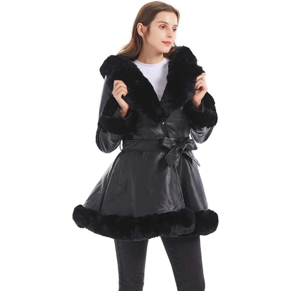 imageGRAN ORIENTE Womens Faux Leather Jacket with Faux Fur Collar Winter Long Sleeve Furry Trim Peplum Parka Coat with BeltBlack With Hood