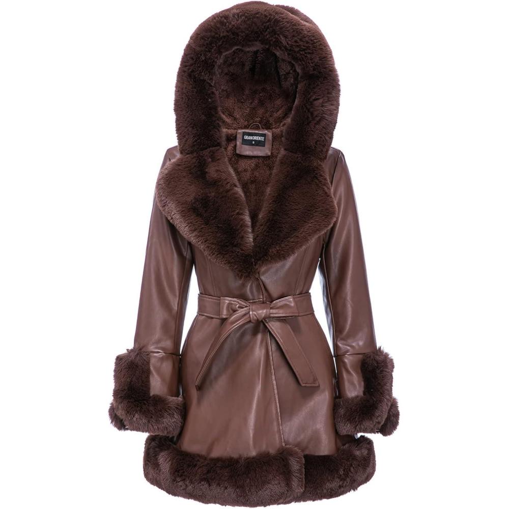 imageGRAN ORIENTE Womens Faux Leather Jacket with Faux Fur Collar Winter Long Sleeve Furry Trim Peplum Parka Coat with BeltBrown With Hood