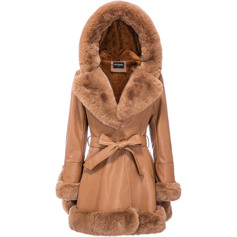 imageGRAN ORIENTE Womens Faux Leather Jacket with Faux Fur Collar Winter Long Sleeve Furry Trim Peplum Parka Coat with BeltKhaki With Hood