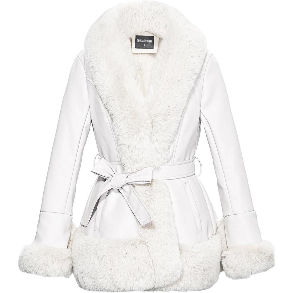 imageGRAN ORIENTE Womens Faux Leather Jacket with Faux Fur Collar Winter Long Sleeve Furry Trim Peplum Parka Coat with BeltWhite