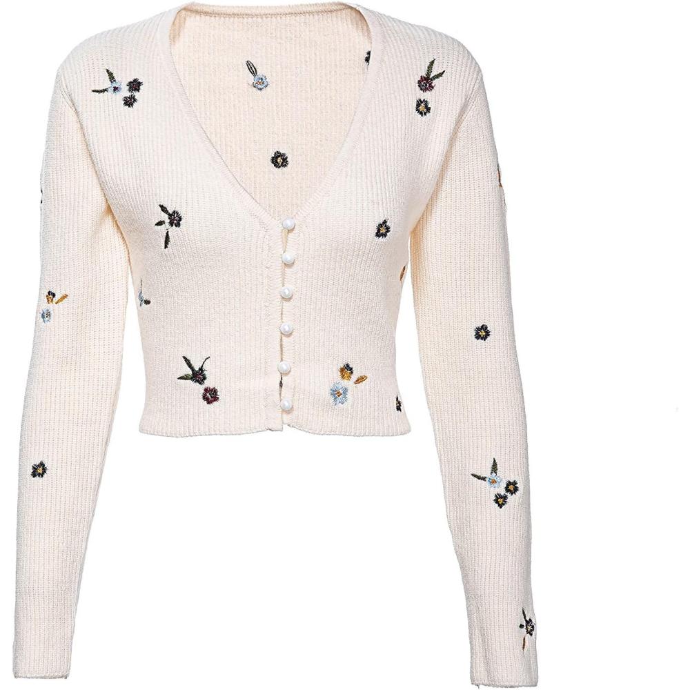 imageGRAN ORIENTE Womens Flower Pattern Long Sleeve ButtonDown VNeck Knit Cardigan Sweater Lightweight Oversized Loose Coat