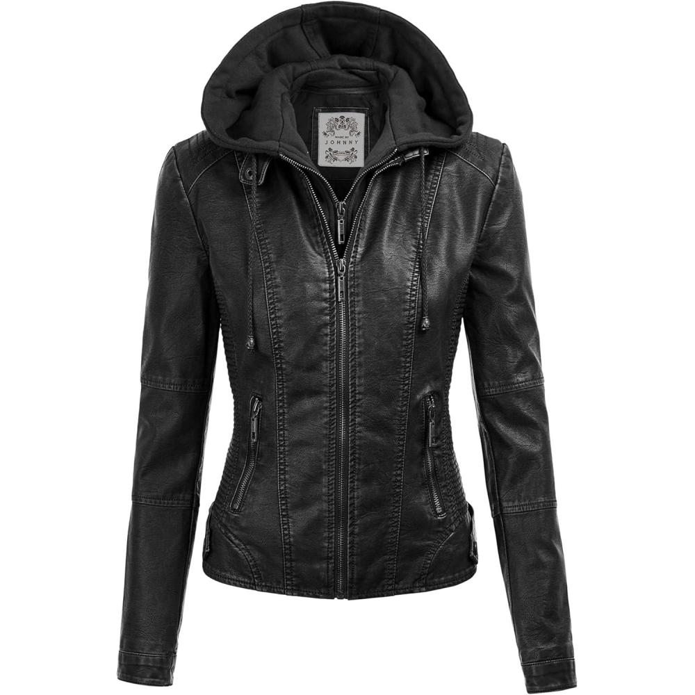 imageMade By Johnny Faux Leather Jacket Women Motorcycle Coat for Biker with Removable HoodWjc1044black