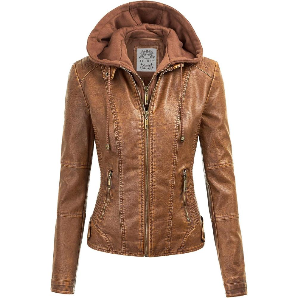 imageMade By Johnny Faux Leather Jacket Women Motorcycle Coat for Biker with Removable HoodWjc1044camel