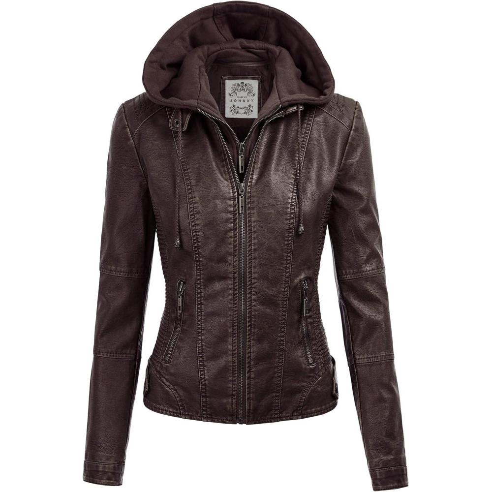 imageMade By Johnny Faux Leather Jacket Women Motorcycle Coat for Biker with Removable HoodWjc1044coffee