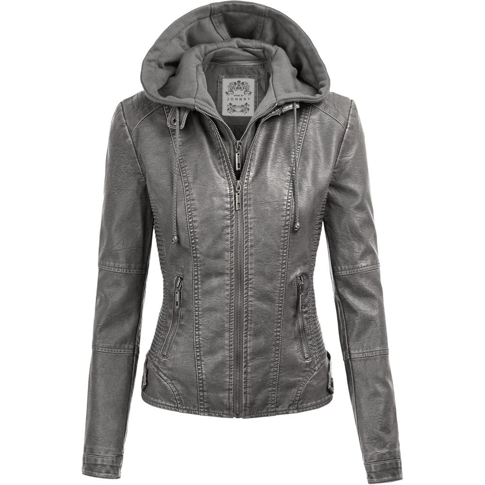imageMade By Johnny Faux Leather Jacket Women Motorcycle Coat for Biker with Removable HoodWjc1044grey
