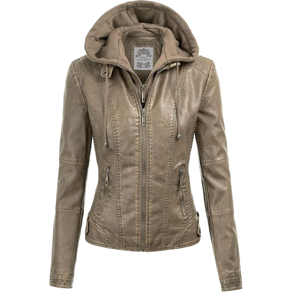 imageMade By Johnny Faux Leather Jacket Women Motorcycle Coat for Biker with Removable HoodWjc1044khaki