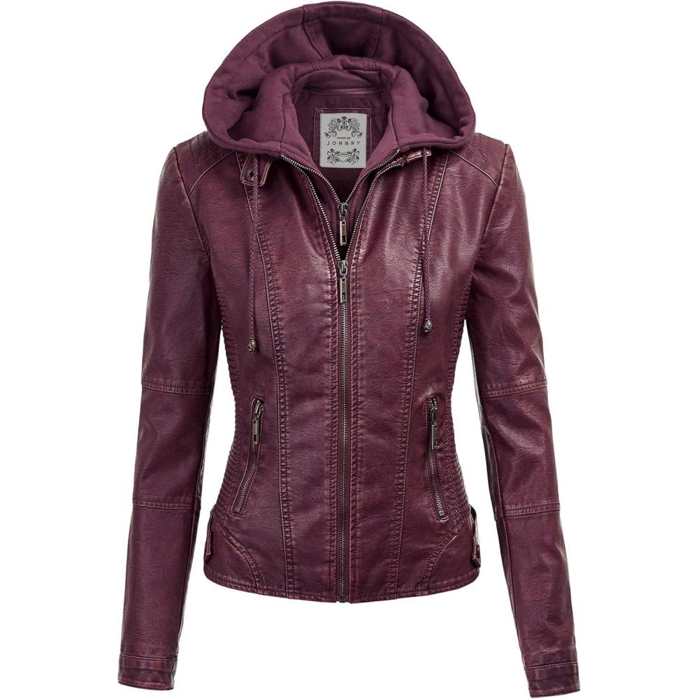 imageMade By Johnny Faux Leather Jacket Women Motorcycle Coat for Biker with Removable HoodWjc1044wine