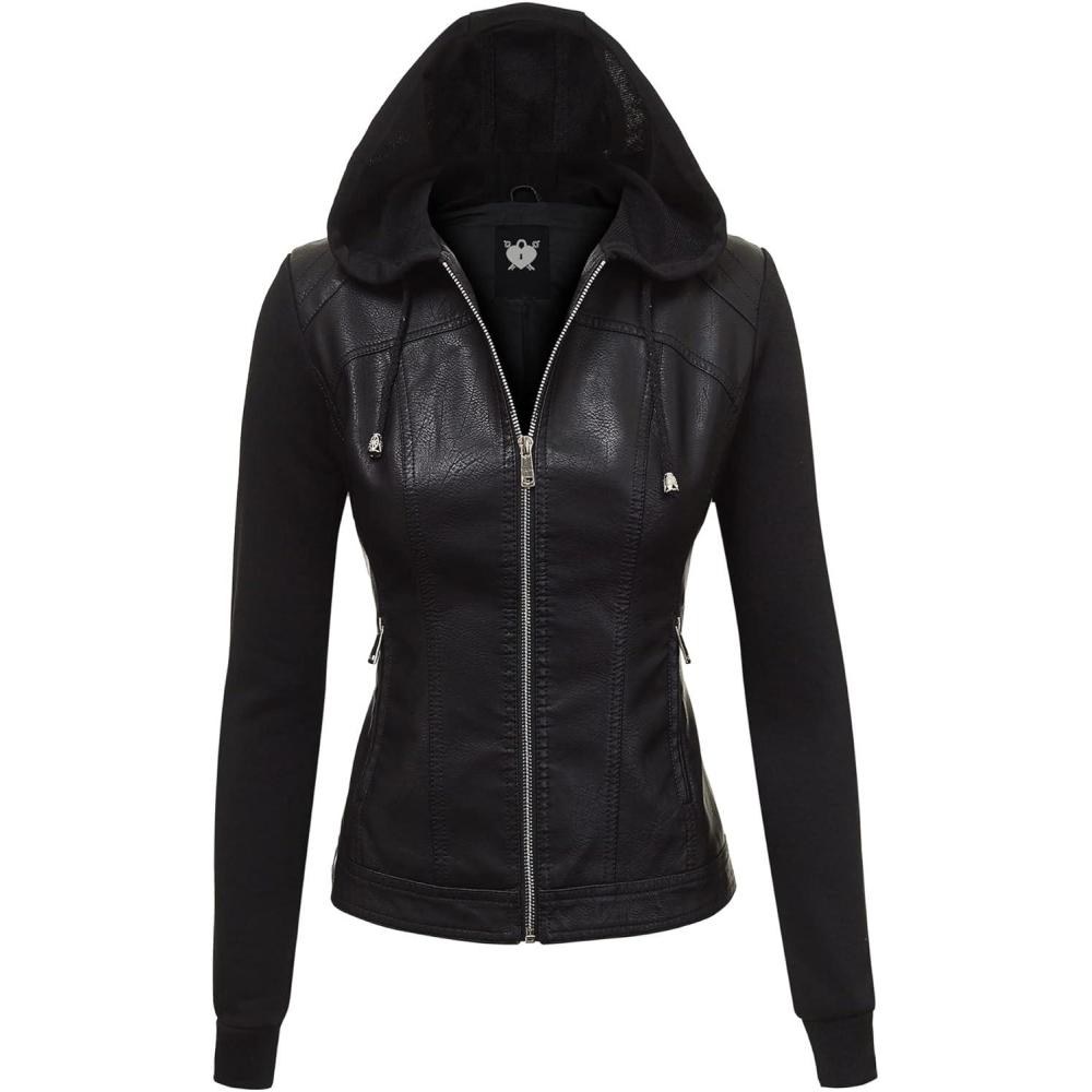imageMade By Johnny Faux Leather Jacket Women Motorcycle Coat for Biker with Removable HoodWjc1347blackblack