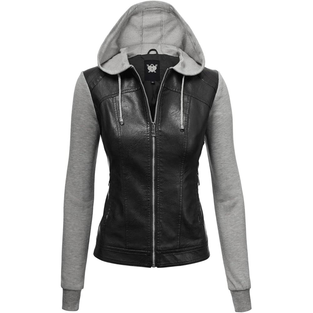 imageMade By Johnny Faux Leather Jacket Women Motorcycle Coat for Biker with Removable HoodWjc1347blackhgrey