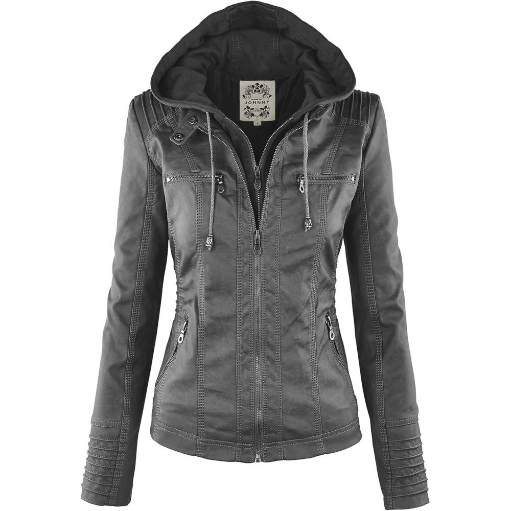 imageMade By Johnny Faux Leather Jacket Women Motorcycle Coat for Biker with Removable HoodWjc663grey