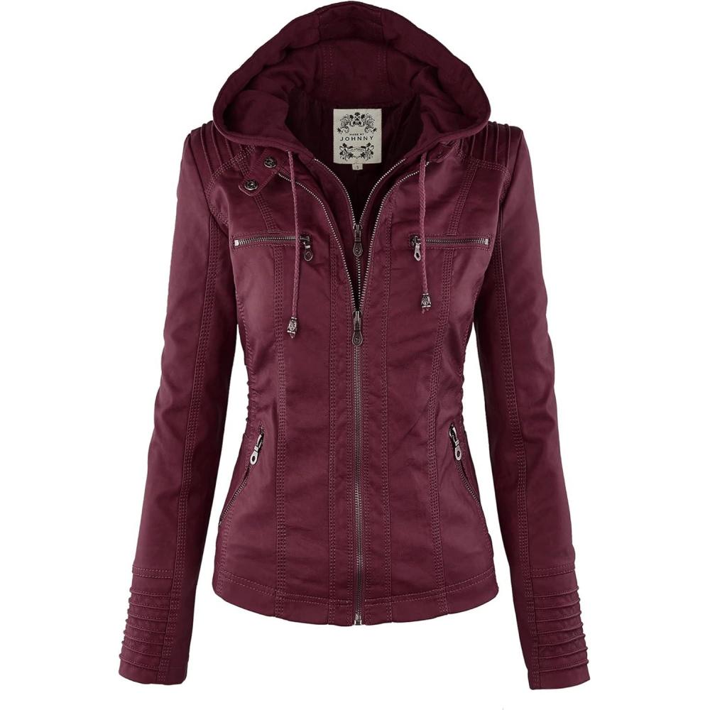 imageMade By Johnny Faux Leather Jacket Women Motorcycle Coat for Biker with Removable HoodWjc663wine