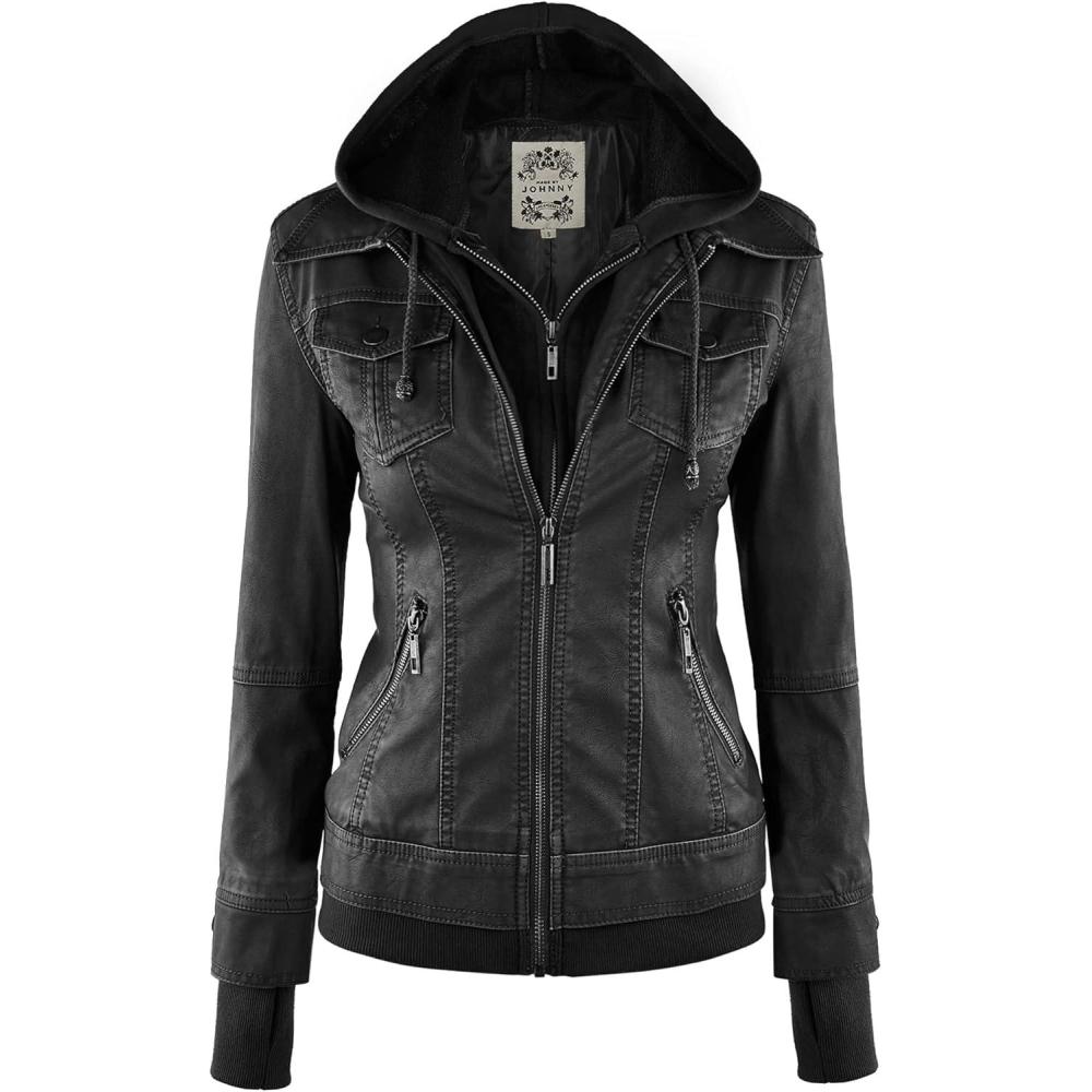 imageMade By Johnny Faux Leather Jacket Women Motorcycle Coat for Biker with Removable HoodWjc664blackCharcoal