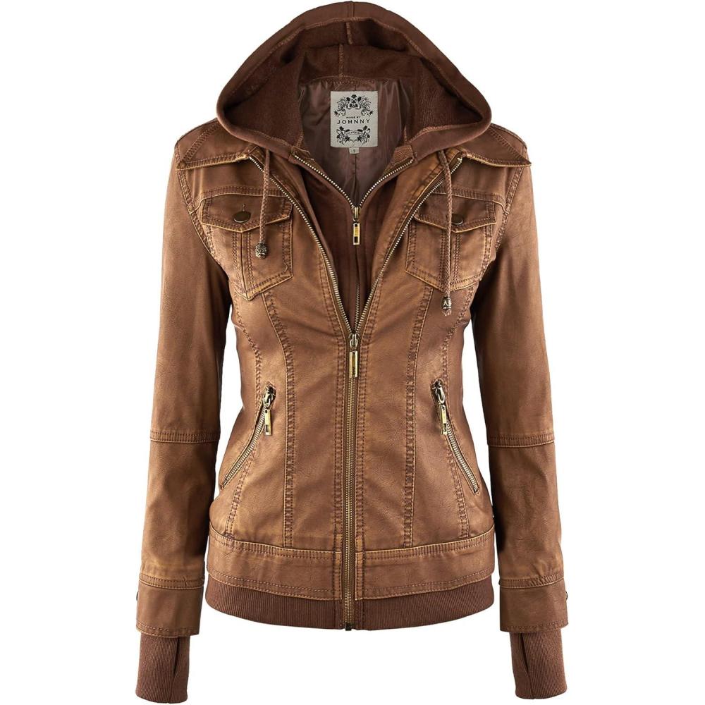imageMade By Johnny Faux Leather Jacket Women Motorcycle Coat for Biker with Removable HoodWjc664camel