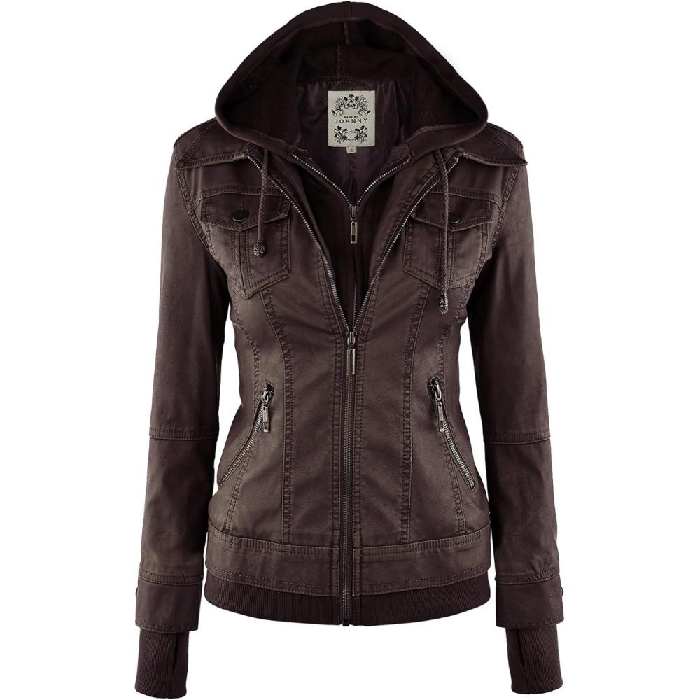 imageMade By Johnny Faux Leather Jacket Women Motorcycle Coat for Biker with Removable HoodWjc664coffeeAshbrown