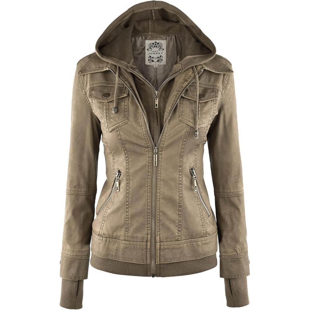 imageMade By Johnny Faux Leather Jacket Women Motorcycle Coat for Biker with Removable HoodWjc664khaki