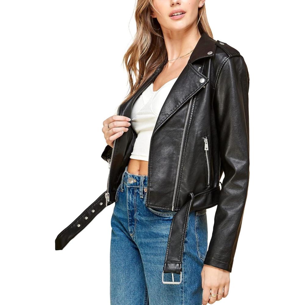 imageMade By Johnny MBJ Womens Faux Leather Zip Up Moto Biker Jacket with Stitching DetailWjc1849black