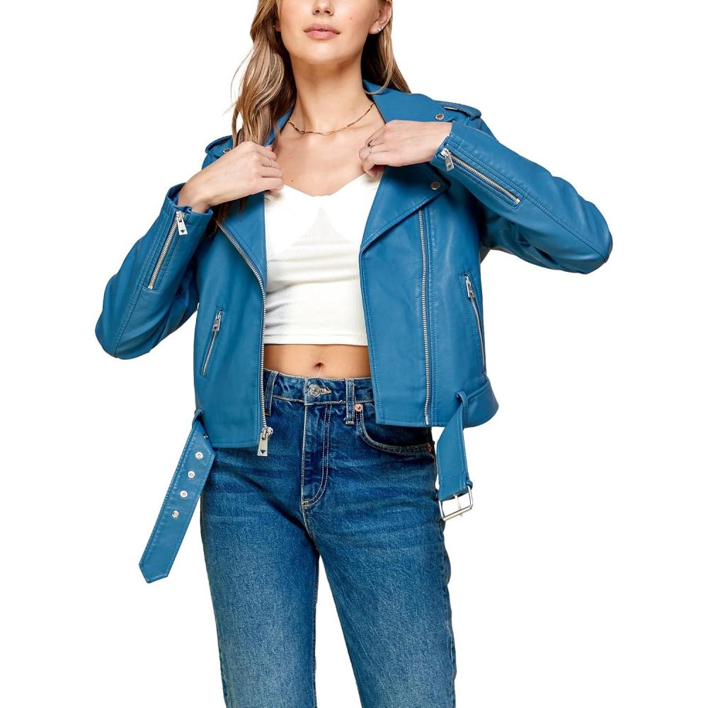 imageMade By Johnny MBJ Womens Faux Leather Zip Up Moto Biker Jacket with Stitching DetailWjc1849blue