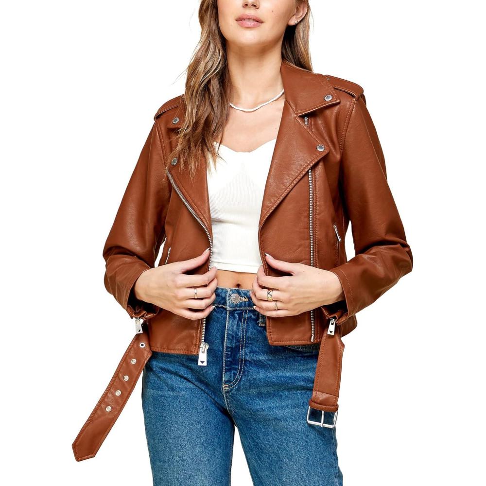 imageMade By Johnny MBJ Womens Faux Leather Zip Up Moto Biker Jacket with Stitching DetailWjc1849camel