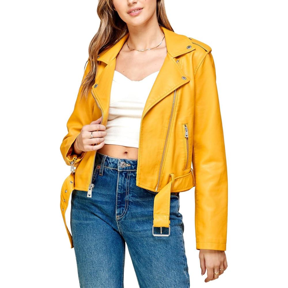 imageMade By Johnny MBJ Womens Faux Leather Zip Up Moto Biker Jacket with Stitching DetailWjc1849mustard
