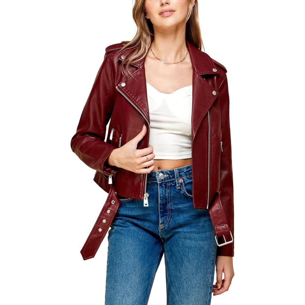 imageMade By Johnny MBJ Womens Faux Leather Zip Up Moto Biker Jacket with Stitching DetailWjc1849wine