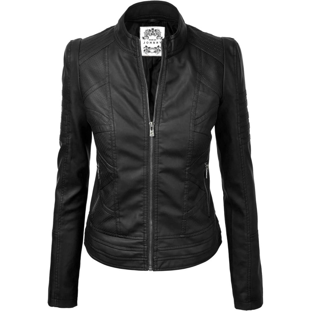 imageMade By Johnny MBJ Womens Faux Leather Zip Up Moto Biker Jacket with Stitching DetailWjc746black