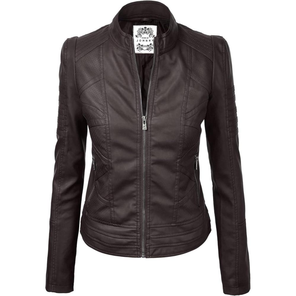 imageMade By Johnny MBJ Womens Faux Leather Zip Up Moto Biker Jacket with Stitching DetailWjc746coffee