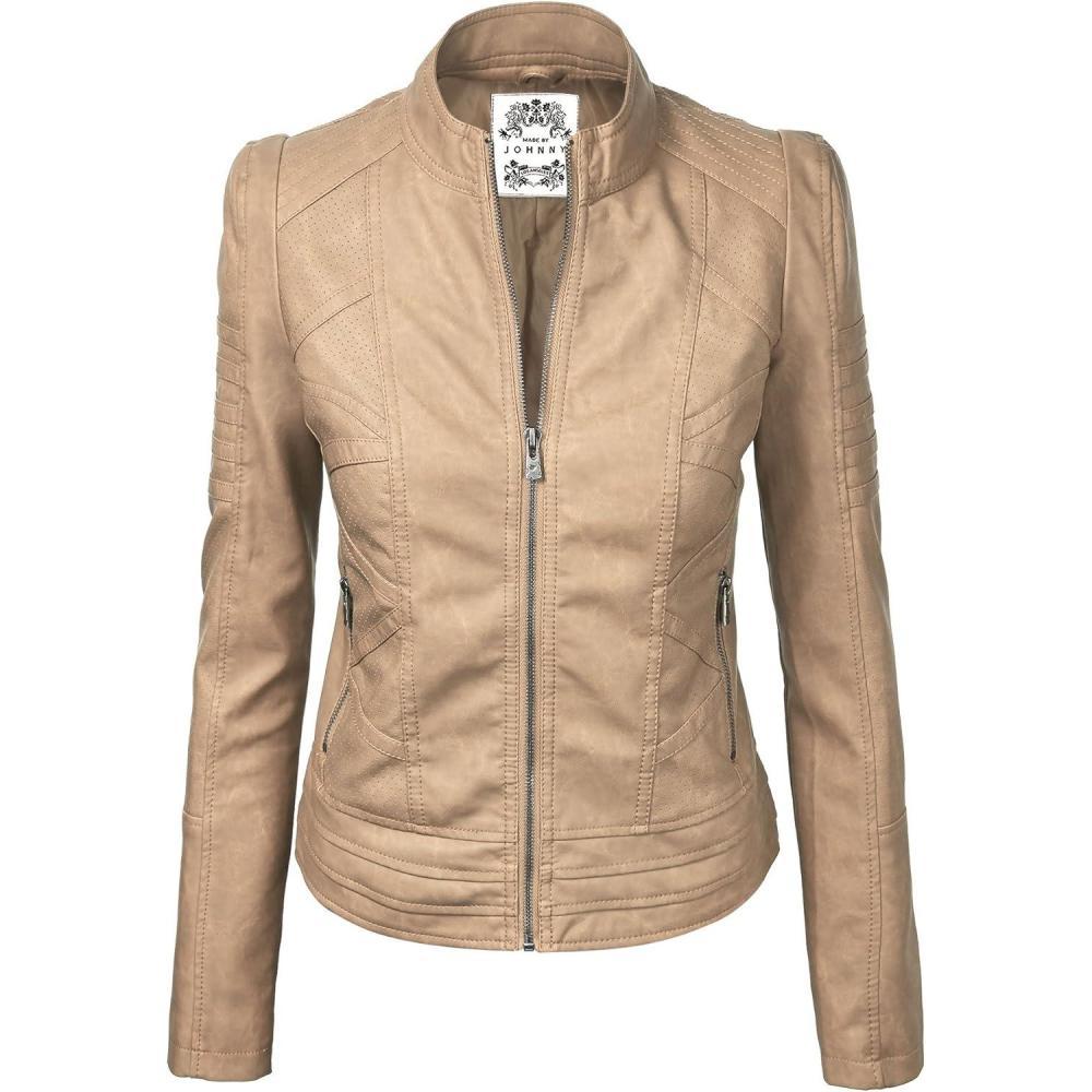 imageMade By Johnny MBJ Womens Faux Leather Zip Up Moto Biker Jacket with Stitching DetailWjc746khaki