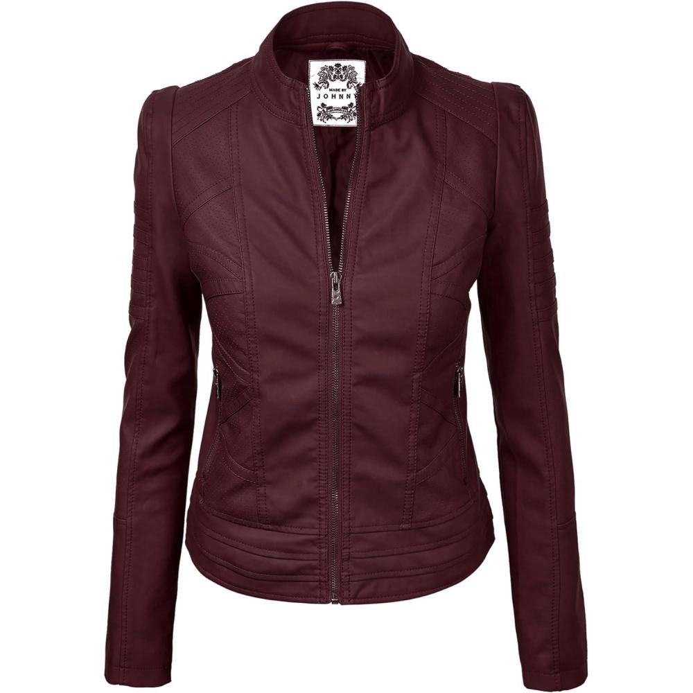 imageMade By Johnny MBJ Womens Faux Leather Zip Up Moto Biker Jacket with Stitching DetailWjc746wine