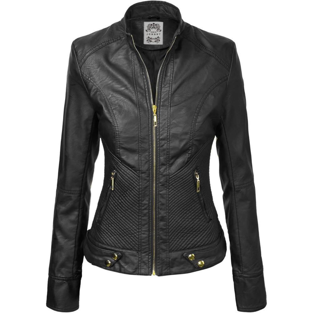 imageMade By Johnny MBJ Womens Faux Leather Zip Up Moto Biker Jacket with Stitching DetailWjc747black