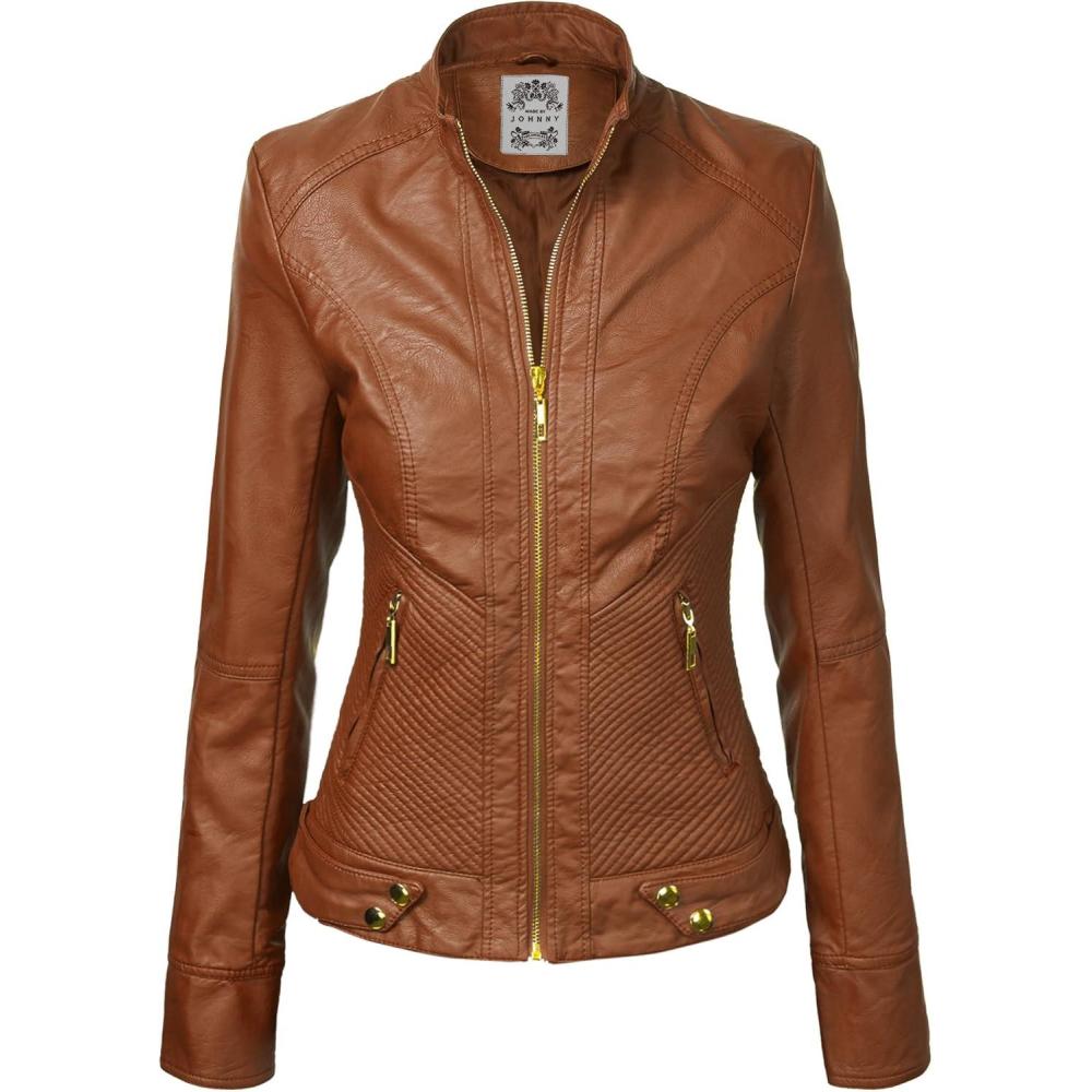 imageMade By Johnny MBJ Womens Faux Leather Zip Up Moto Biker Jacket with Stitching DetailWjc747camel