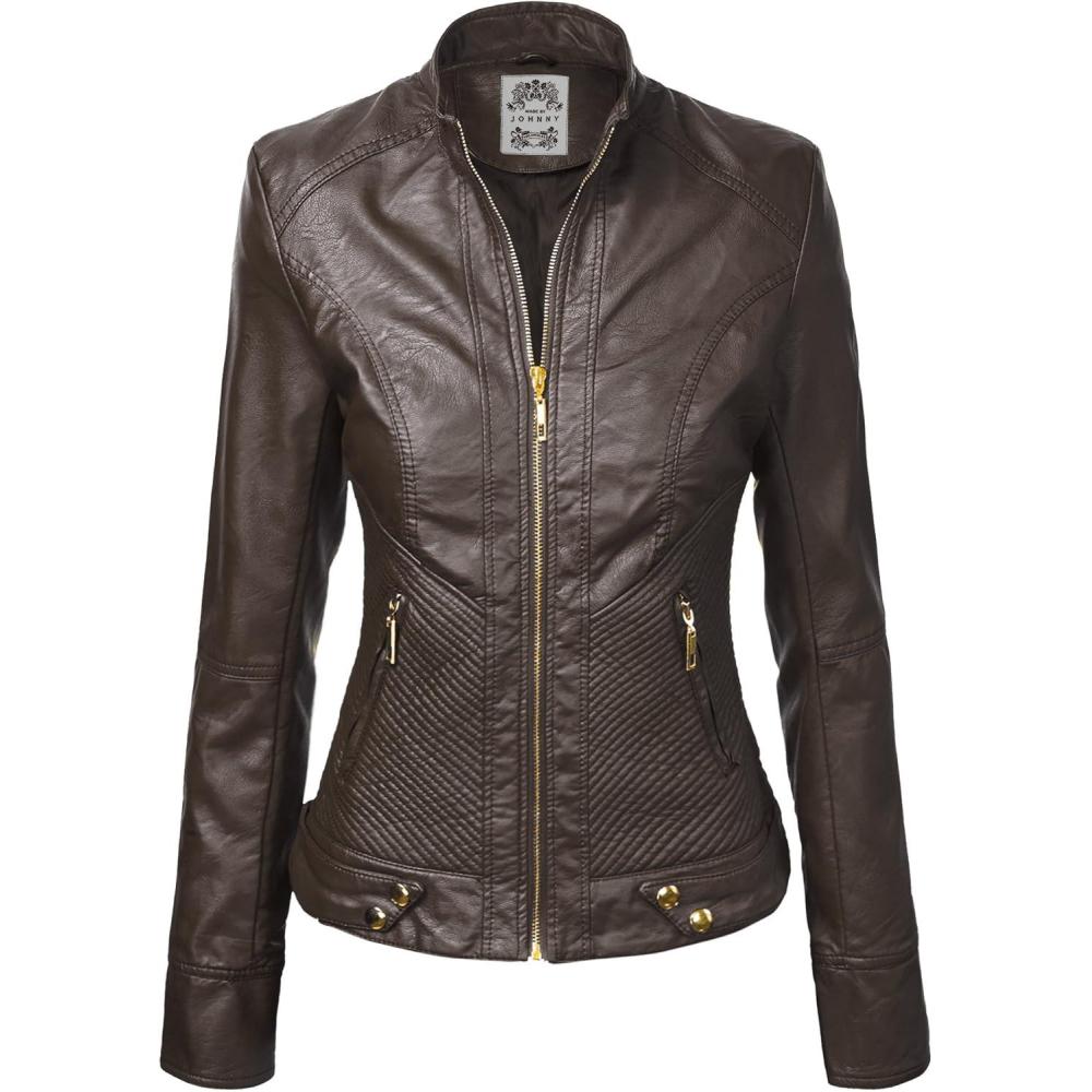 imageMade By Johnny MBJ Womens Faux Leather Zip Up Moto Biker Jacket with Stitching DetailWjc747coffee