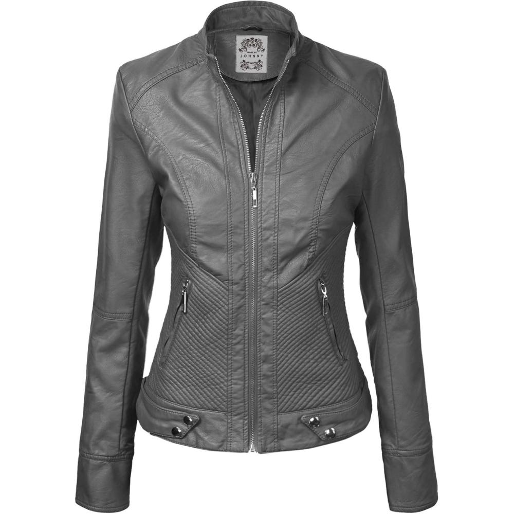 imageMade By Johnny MBJ Womens Faux Leather Zip Up Moto Biker Jacket with Stitching DetailWjc747grey