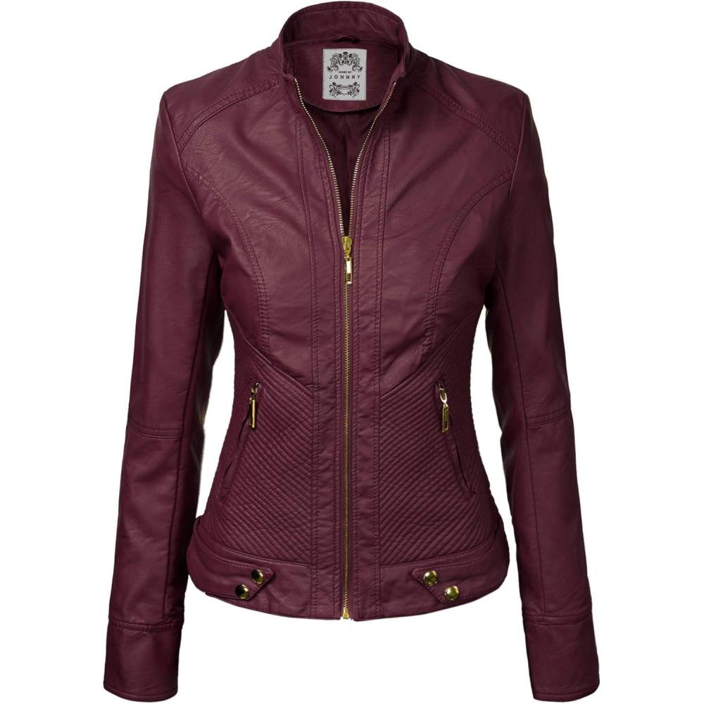 imageMade By Johnny MBJ Womens Faux Leather Zip Up Moto Biker Jacket with Stitching DetailWjc747wine