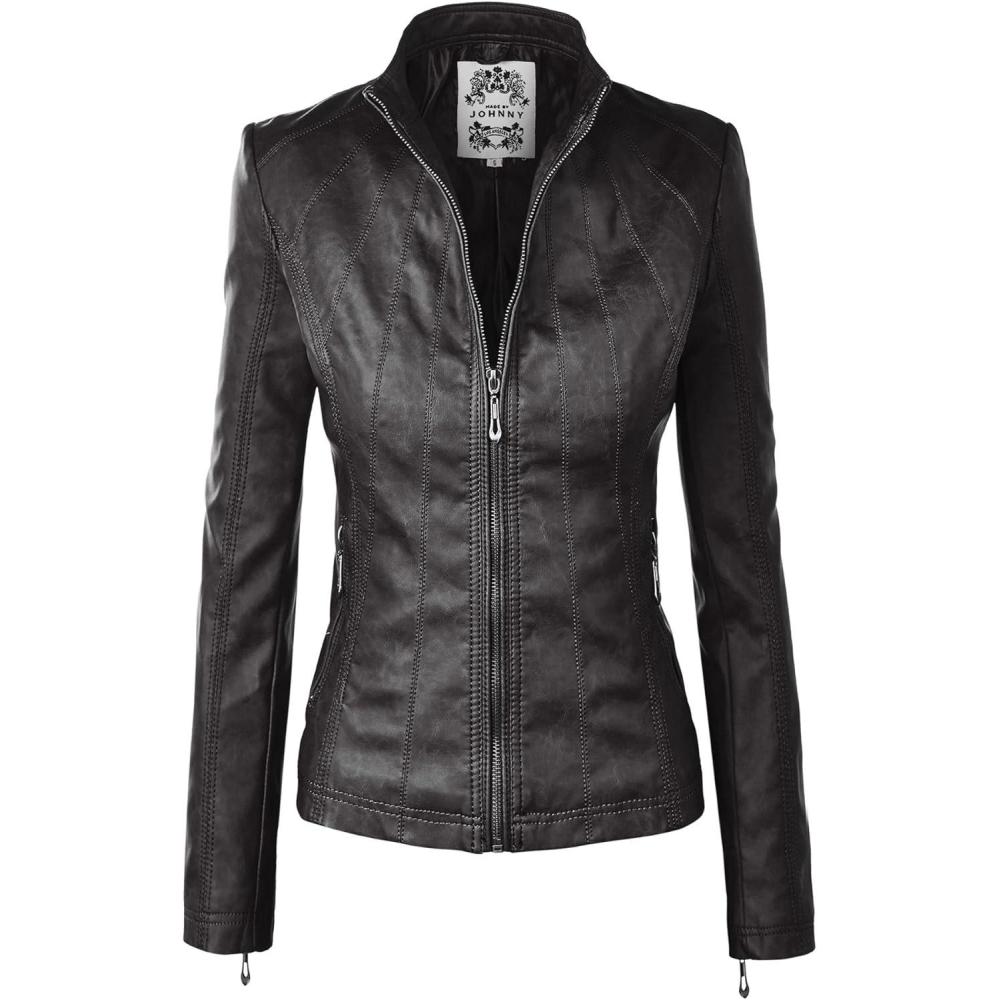 imageMade By Johnny MBJ Womens Faux Leather Zip Up Moto Biker Jacket with Stitching DetailWjc877black