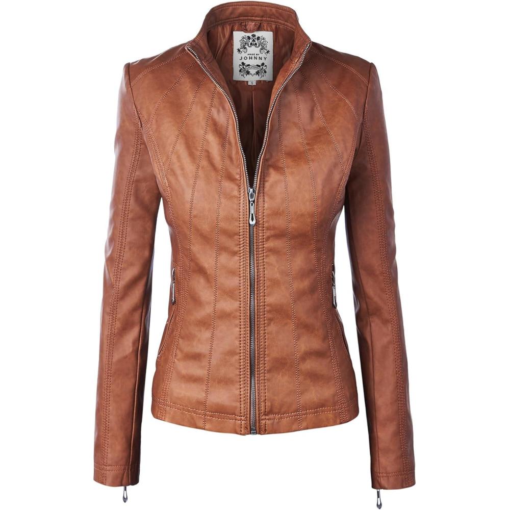 imageMade By Johnny MBJ Womens Faux Leather Zip Up Moto Biker Jacket with Stitching DetailWjc877camel