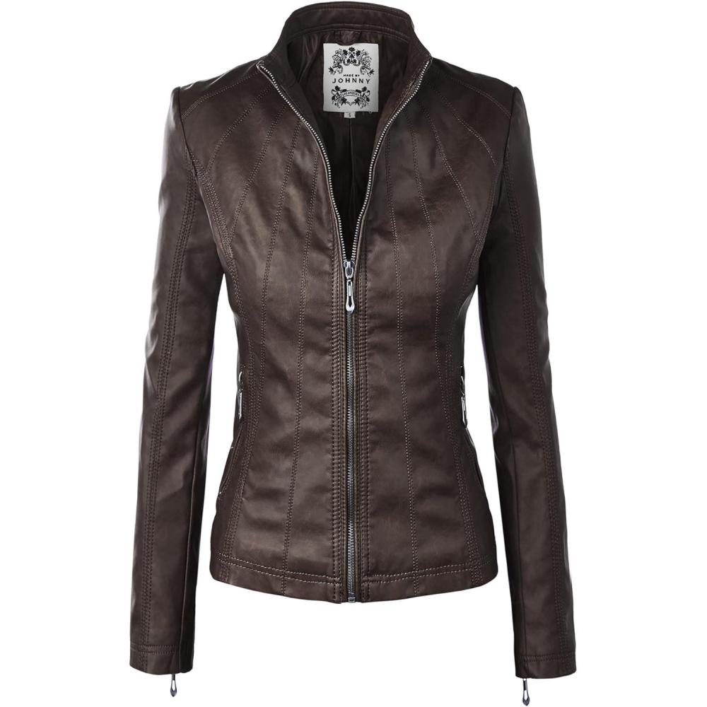 imageMade By Johnny MBJ Womens Faux Leather Zip Up Moto Biker Jacket with Stitching DetailWjc877coffee