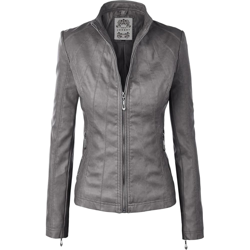 imageMade By Johnny MBJ Womens Faux Leather Zip Up Moto Biker Jacket with Stitching DetailWjc877grey