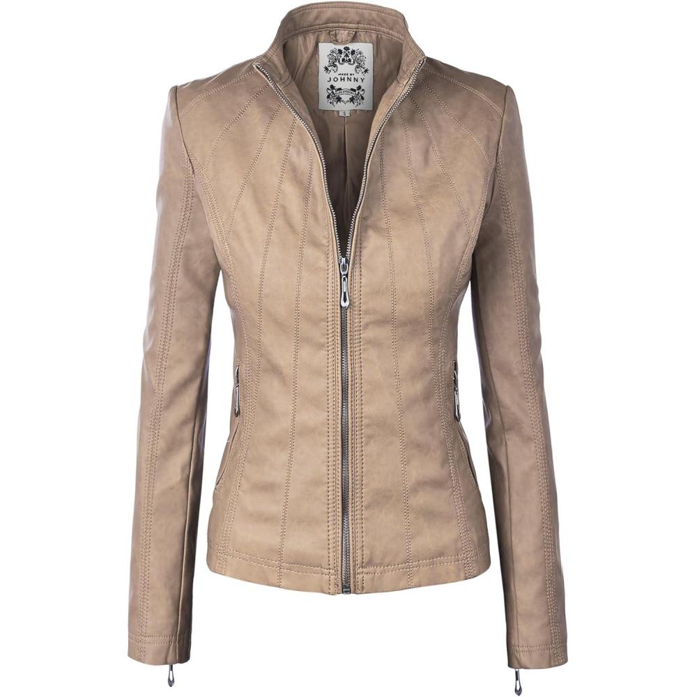 imageMade By Johnny MBJ Womens Faux Leather Zip Up Moto Biker Jacket with Stitching DetailWjc877khaki