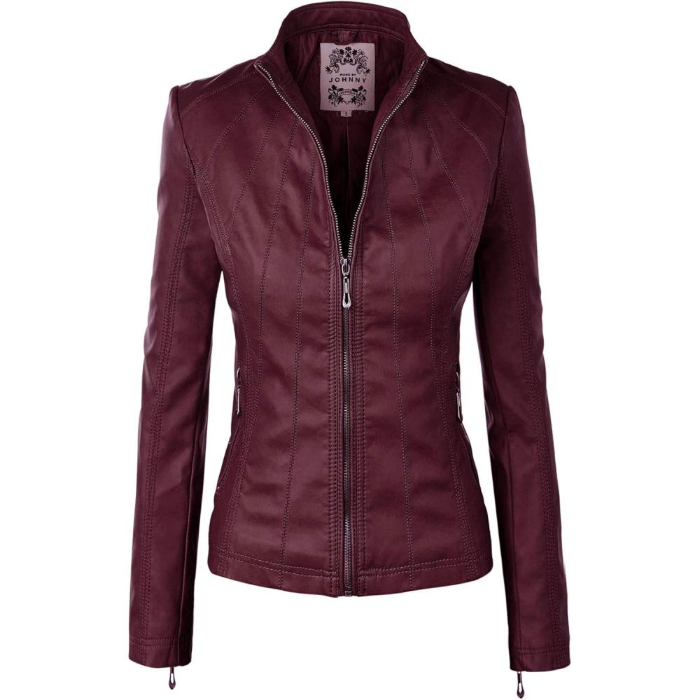 imageMade By Johnny MBJ Womens Faux Leather Zip Up Moto Biker Jacket with Stitching DetailWjc877wine