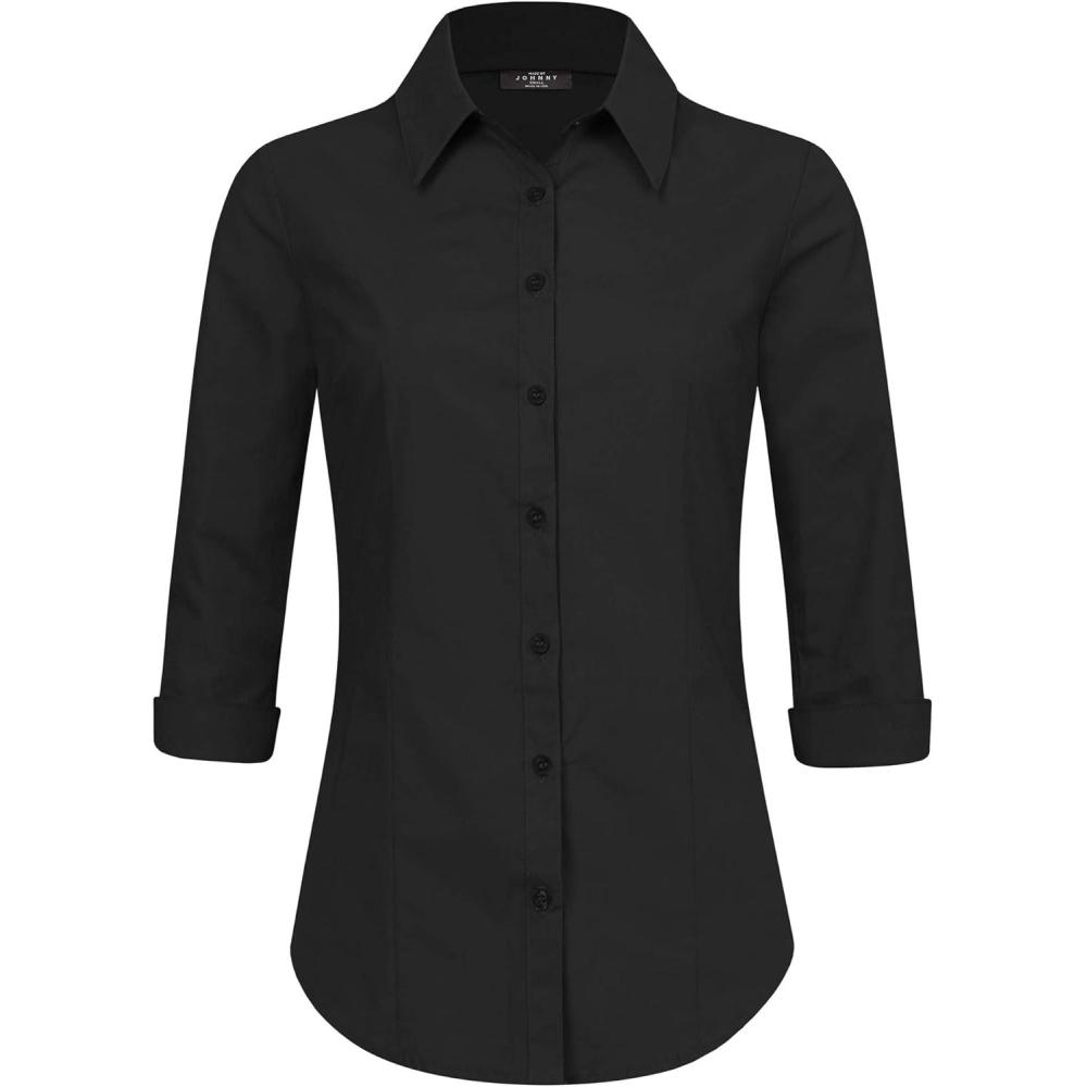 imageMade By Johnny MBJ Womens Solide 34 Sleeve Stretchy Button Down Collared Office Formal Casua Blouse S3XLWt1947black